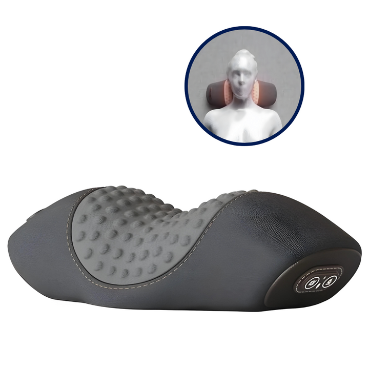 Nackenmassagegerät schwarz-grau, ergonomisch, mit Noppen, für Entspannung und Schmerzlinderung.