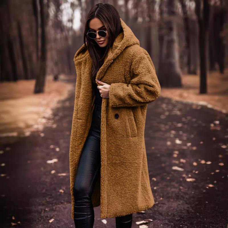 Langer Damen Teddy Mantel mit Kapuze – Maren