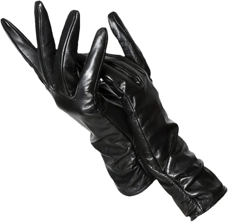 Schwarze Damenlederhandschuhe, elegant, lang, weich, modisch, Winteraccessoire.