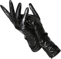 Schwarze Damenlederhandschuhe, elegant, lang, weich, modisch, Winteraccessoire.