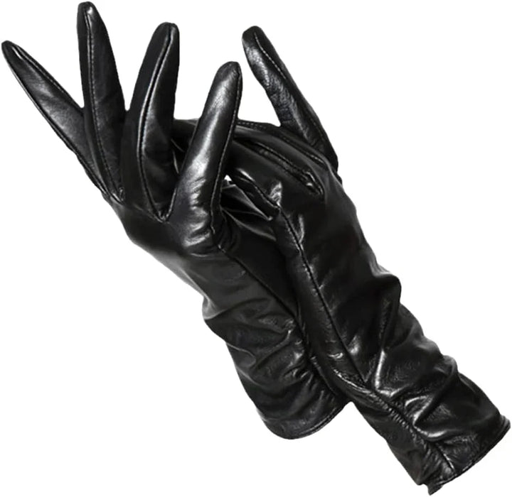 Schwarze Damenlederhandschuhe, elegant, lang, weich, modisch, Winteraccessoire.