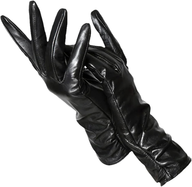 Schwarze Damenlederhandschuhe, elegant, lang, weich, modisch, Winteraccessoire.