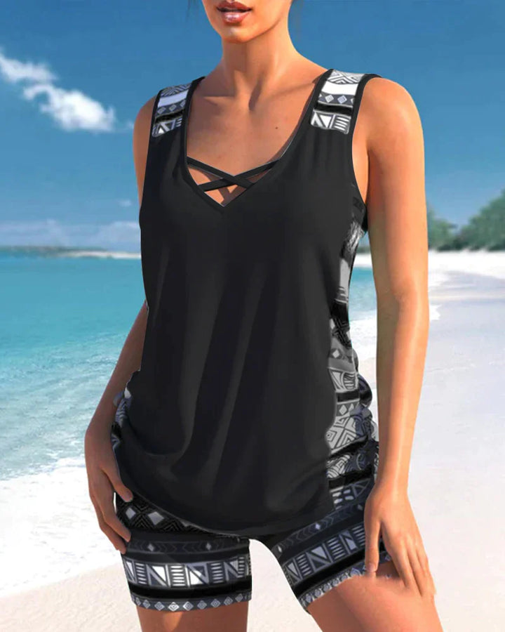 Trendige Bademode mit V-Ausschnitt & geometrischem Muster – Tankini-Set Madonna