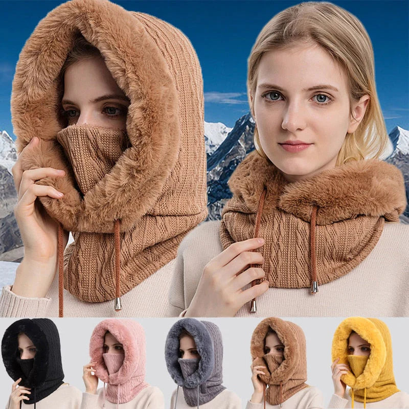 Damen Wintermütze mit Schal, Strick, Fleece, warm, beige, verschiedene Farben, Outdoor, Mode.