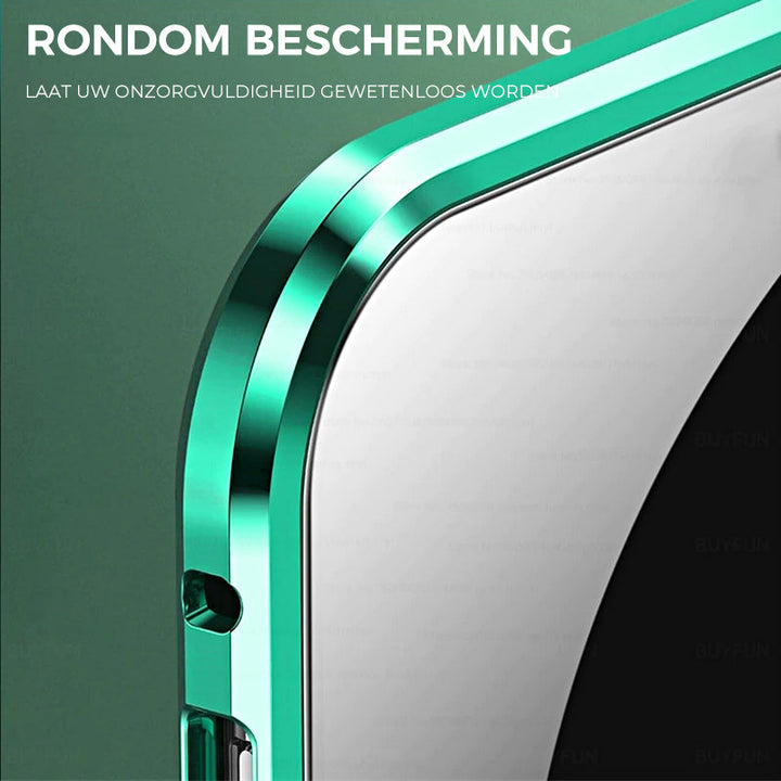 Grünes iPhone-Hülle, Metallrahmen, Kameraausschnitt, stilvoller Schutz, modernes Design.