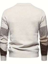Herrenpullover beige-braun, Strickmuster, Langarm, Baumwolle, modisch, Herbstmode.