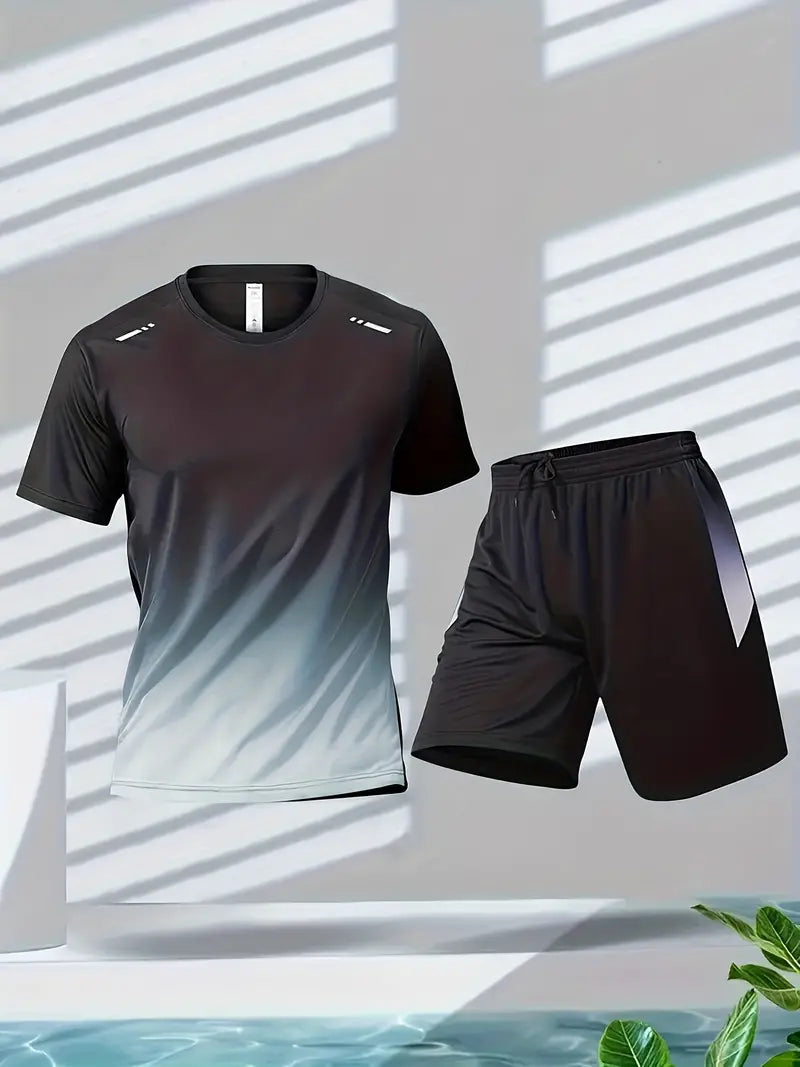 Schwarzes Sport-T-Shirt und Shorts Set, atmungsaktiv, für Herren, Fitness, Laufen.
