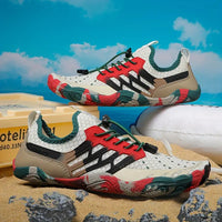 Herren Outdoor-Sportschuhe, beige-rot, atmungsaktiv, rutschfest, für Wandern und Trekking.