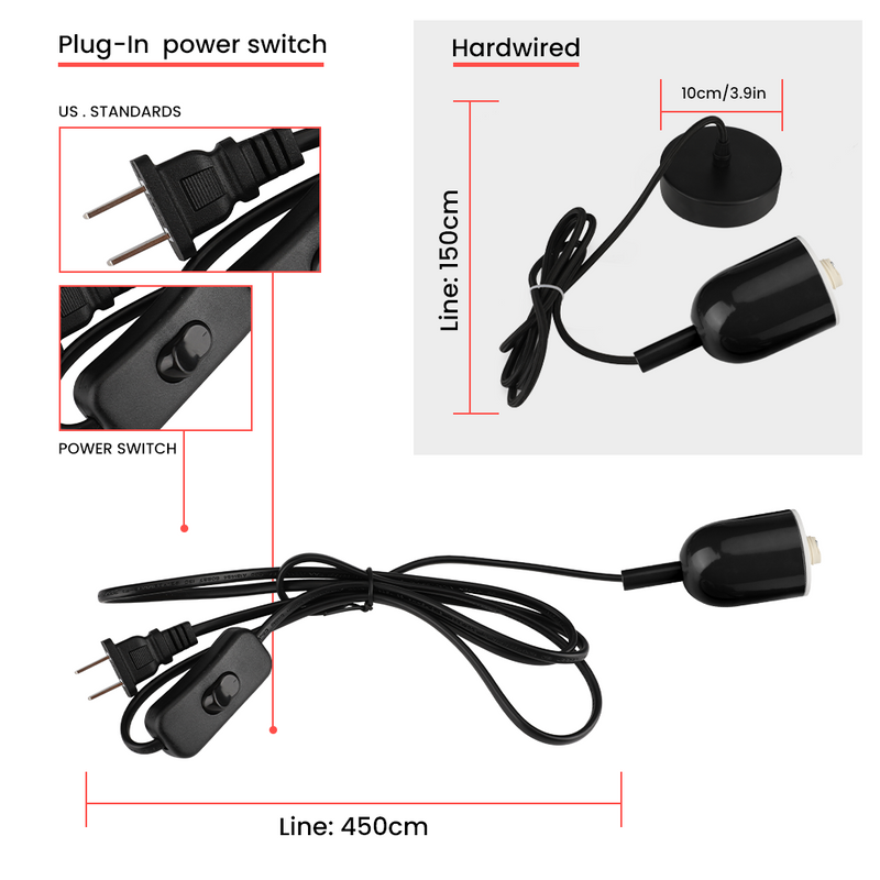 Schwarzes Netzkabel mit Schalter, US-Stecker, 450cm Länge, für Beleuchtung, Hardwired-Option.