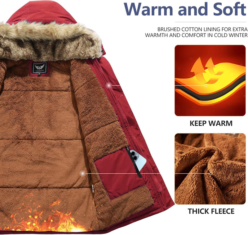 Rote Winterjacke mit Kapuze, dickes Fleecefutter, warm, weich, ideal für kaltes Wetter.