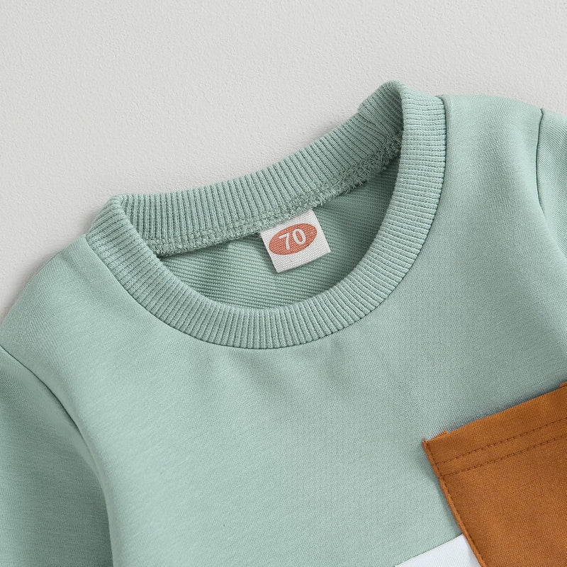 Grünes Baby-Sweatshirt mit brauner Tasche, Rundhalsausschnitt, Größe 70, Baumwolle.