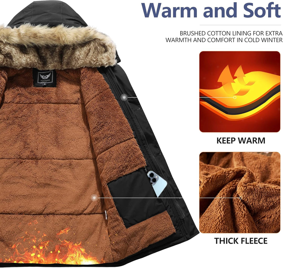 Schwarze Winterjacke mit braunem Fleecefutter, Kapuze mit Kunstfell, warm und weich.