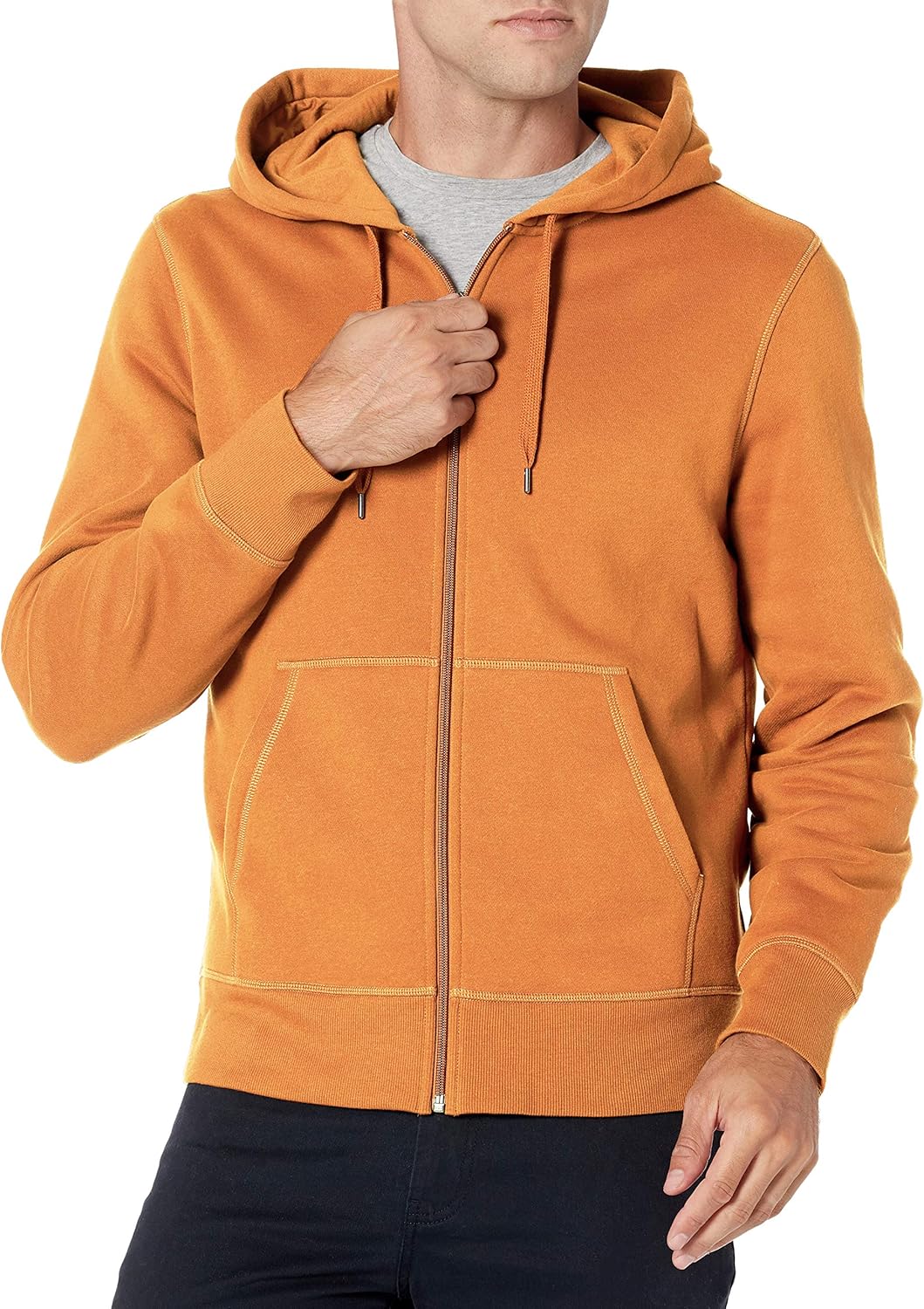 Orangefarbener Kapuzenpullover für Herren, Reißverschluss, Baumwolle, Freizeitmode.