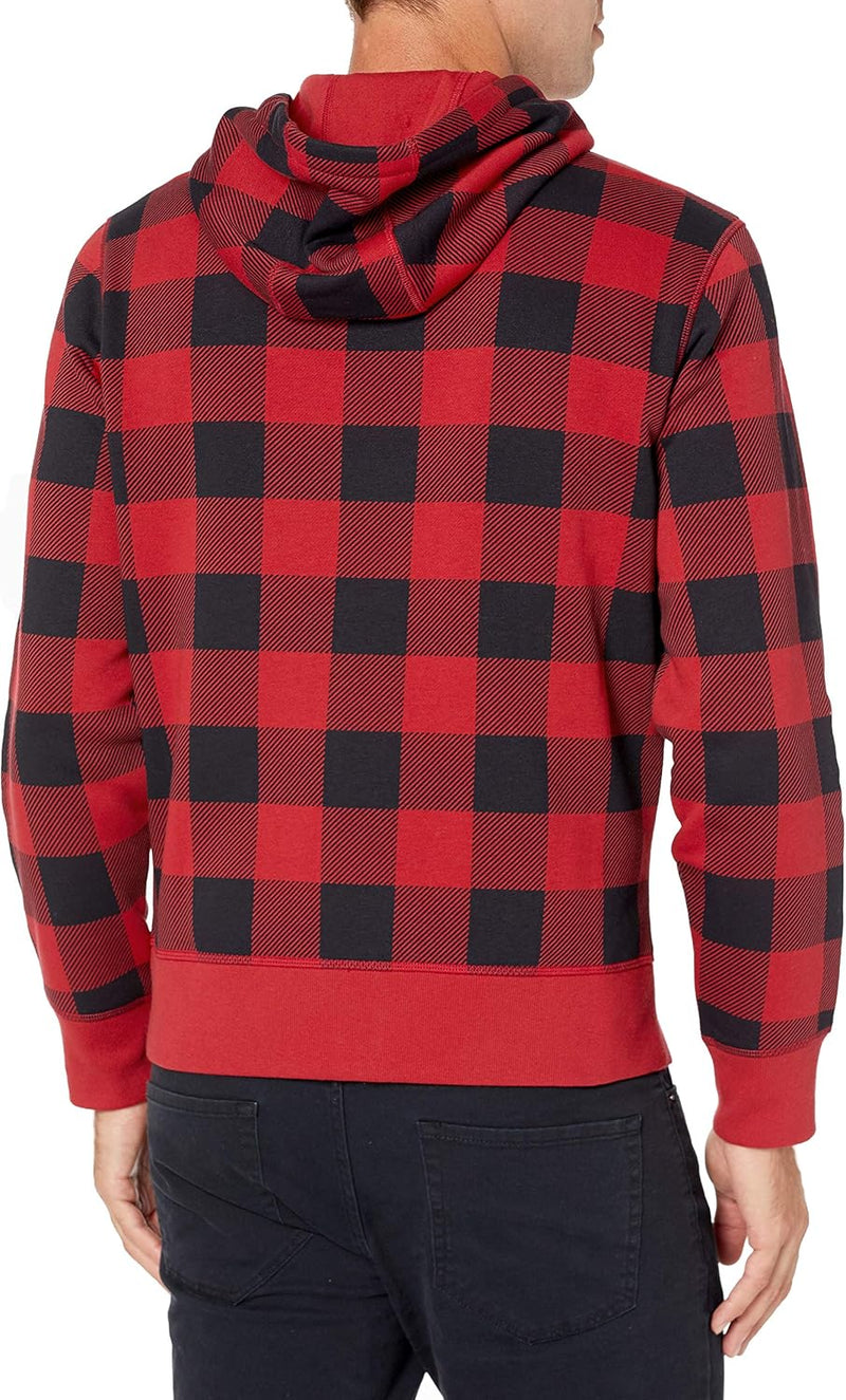 Mann in rot-schwarz kariertem Hoodie, Rückansicht, Freizeitmode, Baumwolle, Kapuzenpullover.