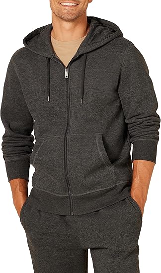 Dunkelgrauer Herren-Hoodie mit Reißverschluss, Kapuze und Kängurutaschen, Freizeitmode.