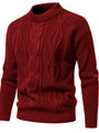 Roter Strickpullover aus Wolle, Zopfmuster, Herrenmode, warm, stilvoll, Winterkleidung.