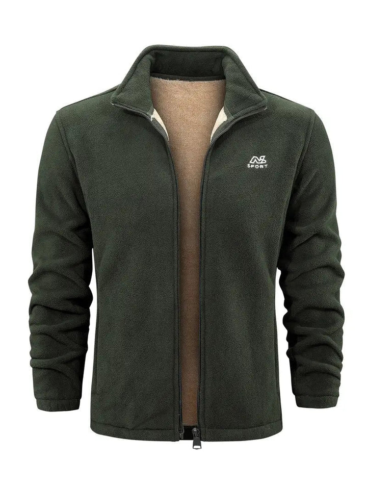 Dunkelgrüne Fleecejacke für Herren, Reißverschluss, warm, Outdoor, Sportbekleidung.