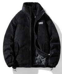 Schwarze Cordjacke mit Reißverschluss, gestepptem Innenfutter, Stehkragen, Herrenmode.