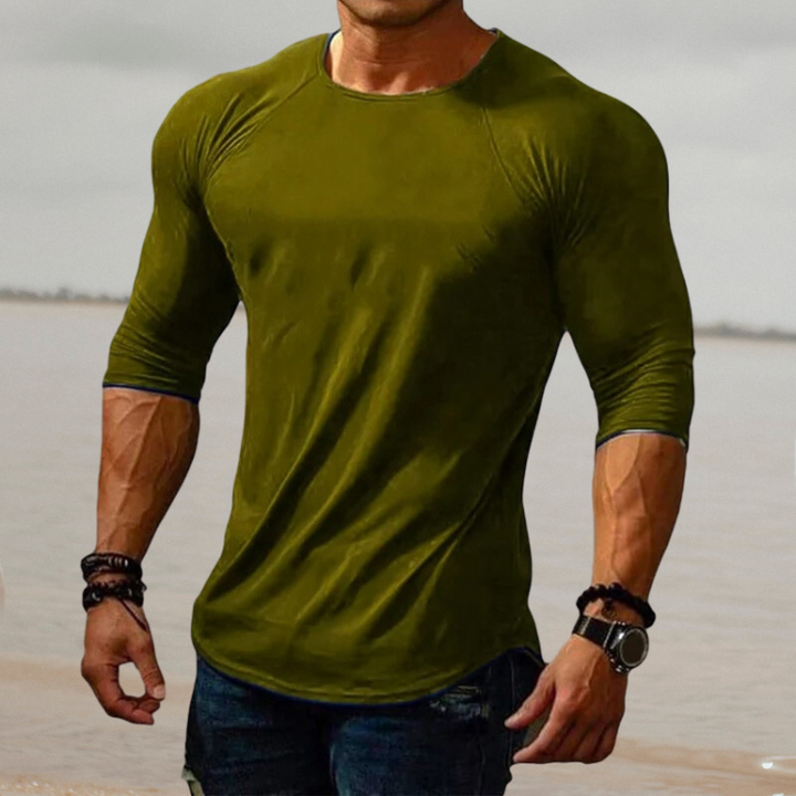 Männer-Olivegrünes Langarmshirt, Slim Fit, Baumwolle, Freizeitmode, Fitnessbekleidung.