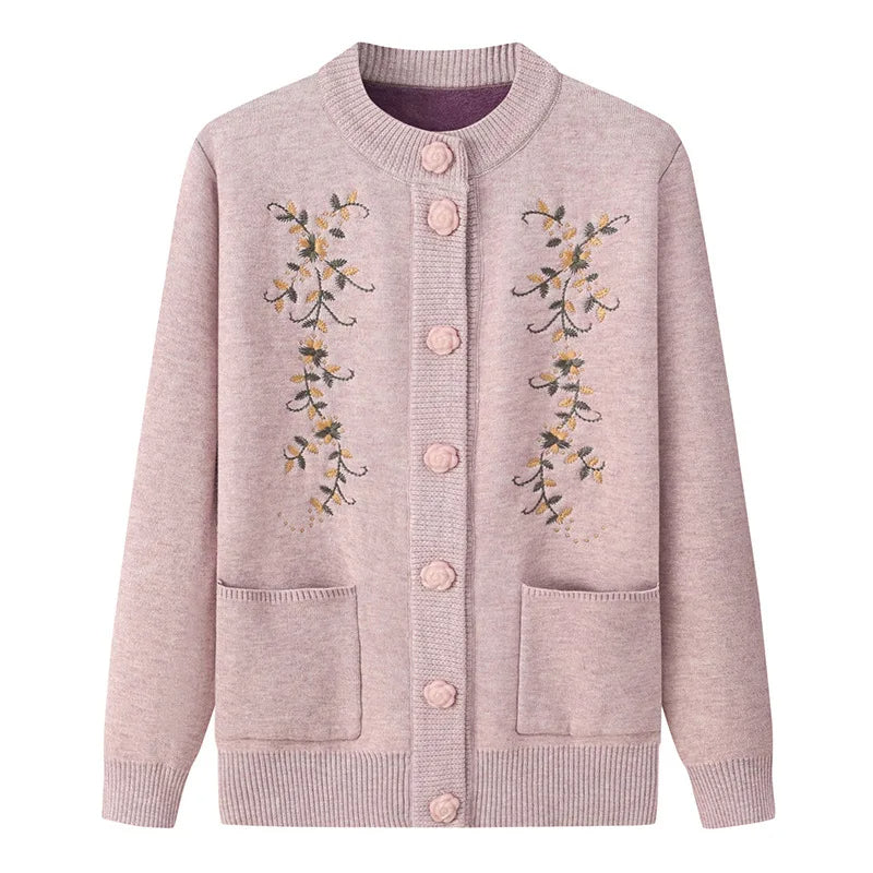 Damen Strickjacke rosa, bestickt, Knöpfe, Taschen, Baumwolle, elegant, Herbstmode.