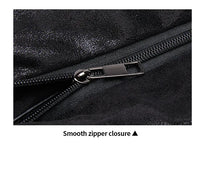 Schwarzer Reißverschluss, glatte Schließung, Nahaufnahme, Textilmaterial, hochwertige Verarbeitung.