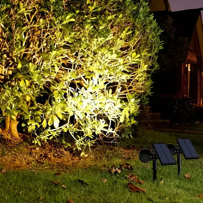 Zwei solarbetriebene LED-Strahler beleuchten nachts einen Busch im Garten.