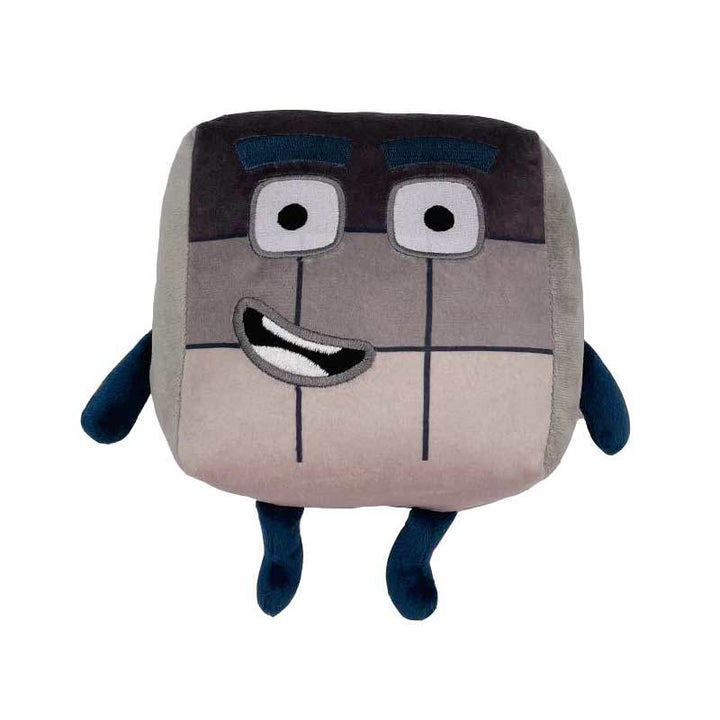 Kuscheltier Würfel grau-blau, Cartoon-Gesicht, weiches Plüschspielzeug für Kinder.