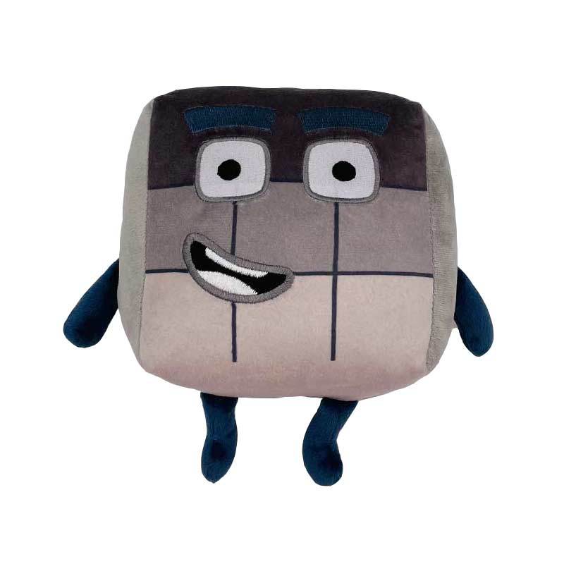 Kuscheltier Würfel grau-blau, Cartoon-Gesicht, weiches Plüschspielzeug für Kinder.