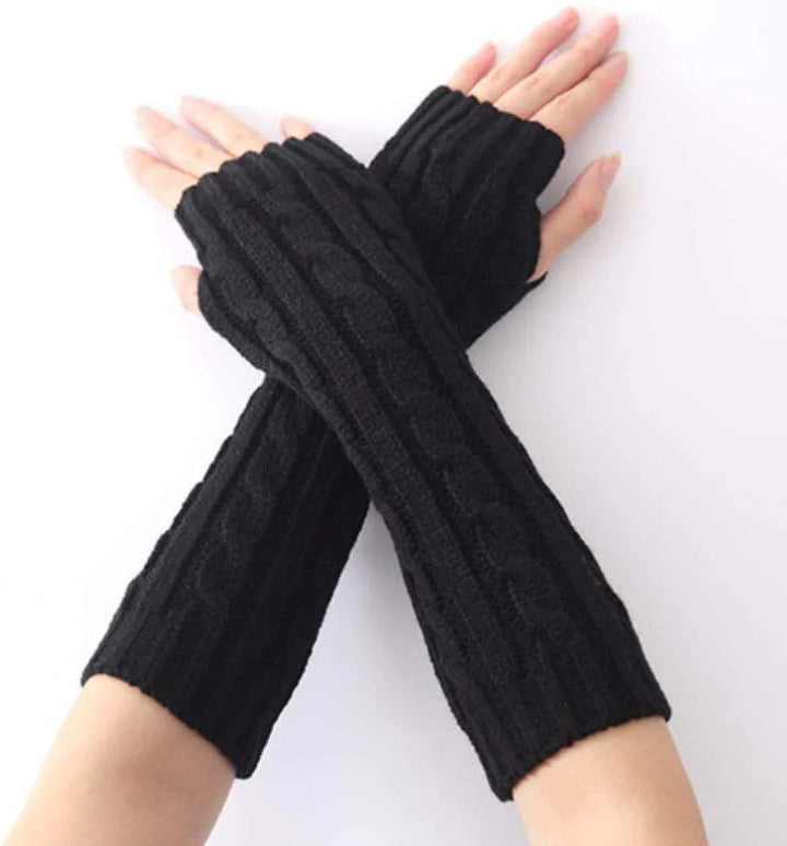 Schwarze gestrickte Armstulpen aus Wolle, fingerlos, warm, modisch, Damenaccessoire.