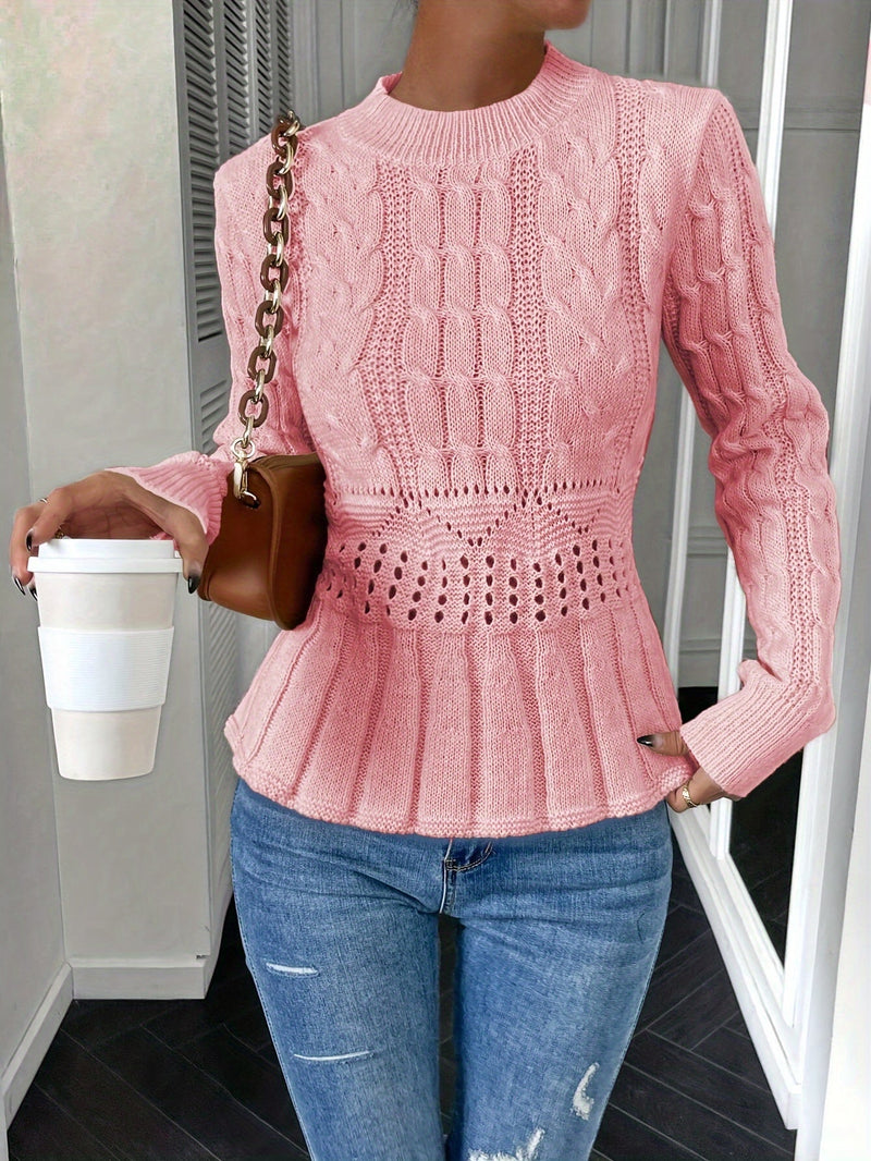 Frau in rosa Strickpullover mit Kaffeebecher und brauner Handtasche, modisch, lässig.