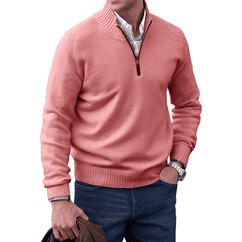 Mann in rosa Strickpullover mit Reißverschluss, lässig, modisch, Herbstmode, Herrenbekleidung.
