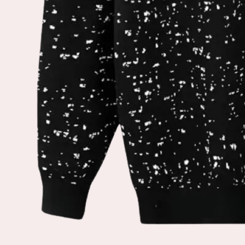 Schwarzer Pullover mit weißem Sprenkelmuster, Unisex, Baumwolle, modisch, bequem.