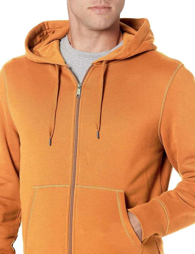 Orangefarbener Kapuzenpullover mit Reißverschluss, Baumwolle, Herrenmode, Freizeitkleidung.