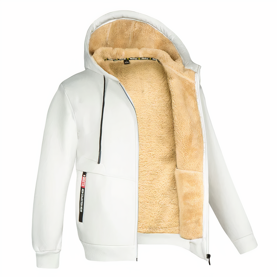Weiße Herrenjacke mit Kapuze, Teddyfutter, Reißverschlusstaschen, Wintermode.