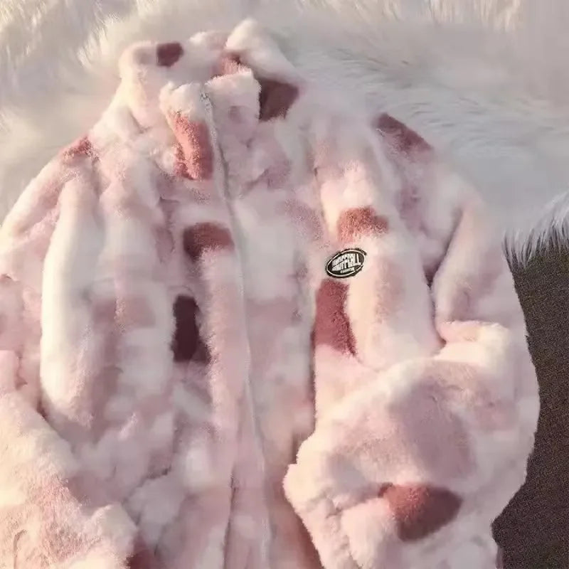 Rosa-weiße Plüschjacke mit Reißverschluss, weiches Material, modisches Design, Winterbekleidung.