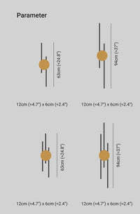 Diagramm mit vier gelben Kreisen, vertikale Linien, Maße in Zentimetern, grauer Hintergrund.