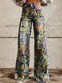 Damen-Jeans mit Blumenmuster, weites Bein, Vintage-Stil, blau-gelb, modisch, Baumwolle.