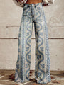 Damen-Jeans mit blauem Blumenmuster, hohe Taille, weites Bein, Vintage-Stil.