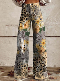 Damenhose mit Schlangen- und Leopardenmuster, Blumenprint, weites Bein, modisch, bunt.
