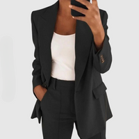 Frau im schwarzen Blazer und Hose, weißes Top, Business-Outfit, Mode, Selfie.