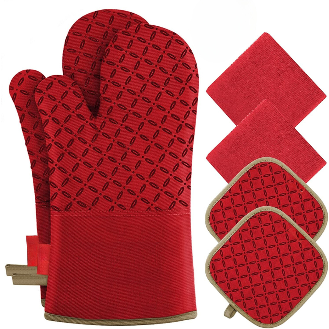 Rote Ofenhandschuhe und Topflappen-Set, hitzebeständig, Baumwolle, Küchenausstattung.