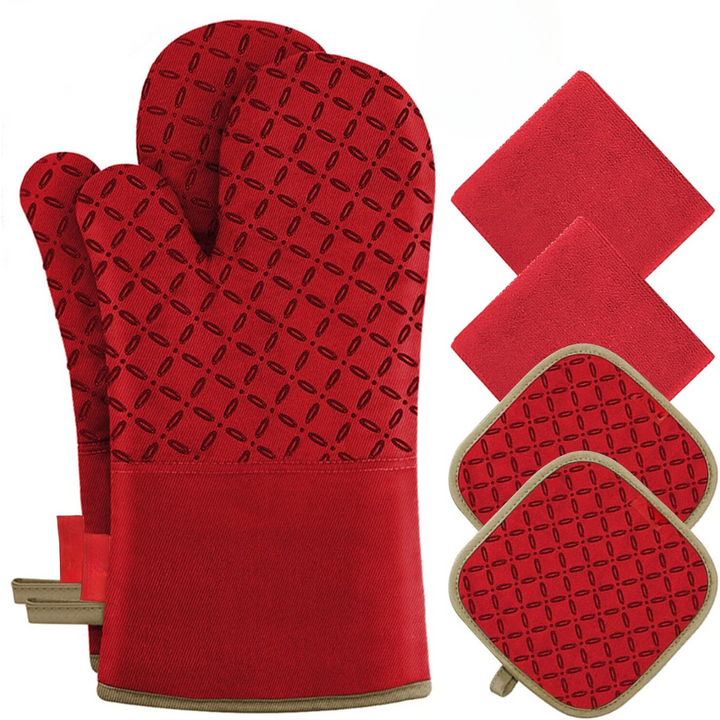 Rote Ofenhandschuhe und Topflappen-Set, hitzebeständig, Baumwolle, Küchenausstattung.