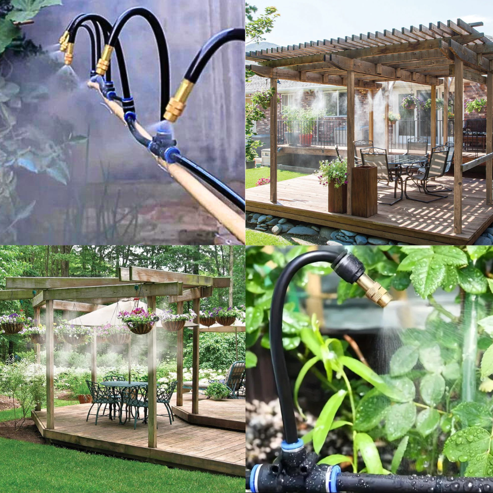 Gartenbewässerungssystem, schwarzer Schlauch, Sprühdüsen, Holzpergola, Pflanzenbewässerung.