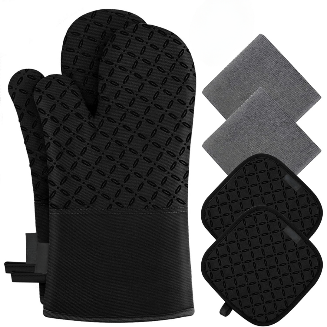 Schwarze Silikon-Ofenhandschuhe und Topflappen-Set, hitzebeständig, rutschfest, Küche.