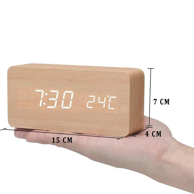 Holz-Wecker mit LED-Anzeige, Temperaturanzeige, ideal für Schlafzimmer, Nachttisch, 15x7x4 cm.