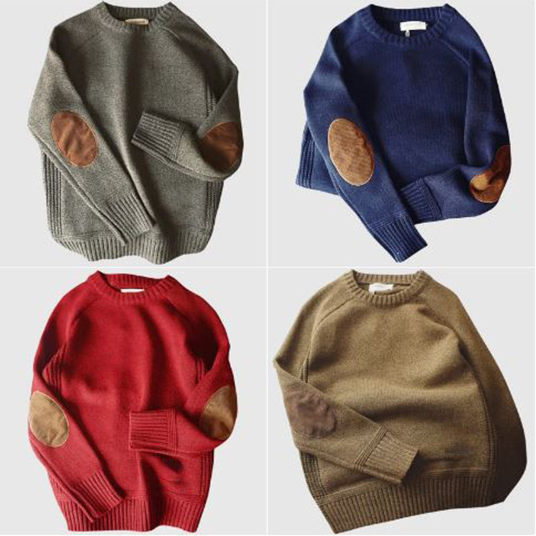 Vier Pullover mit Ellbogen-Patches in Grau, Blau, Rot und Braun, aus Wolle, modisch und warm.