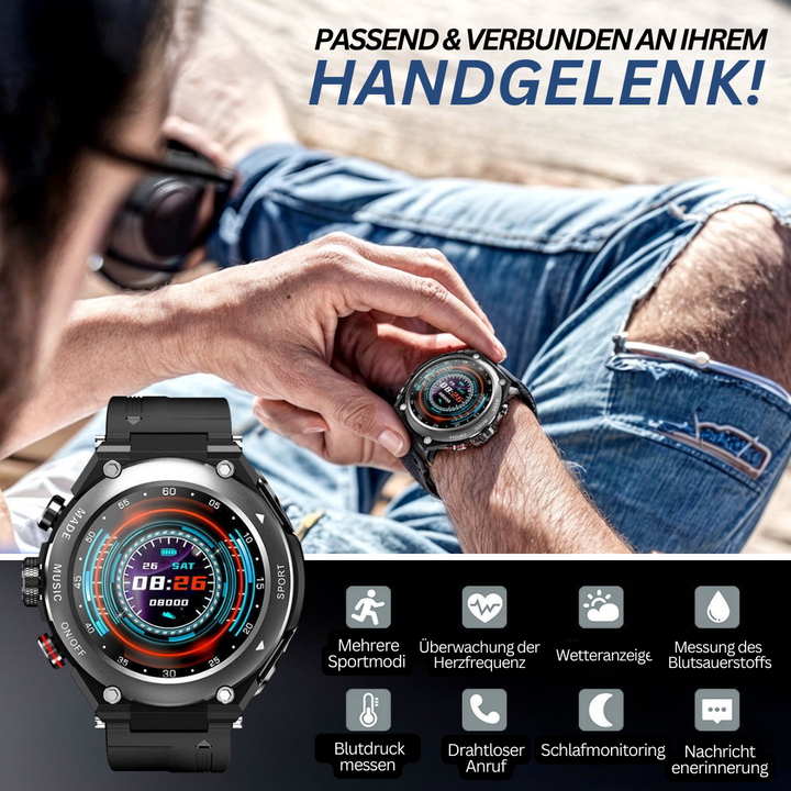 Smartwatch mit schwarzem Armband, Herzfrequenzmesser, Wetteranzeige, Bluetooth, Sportmodi.