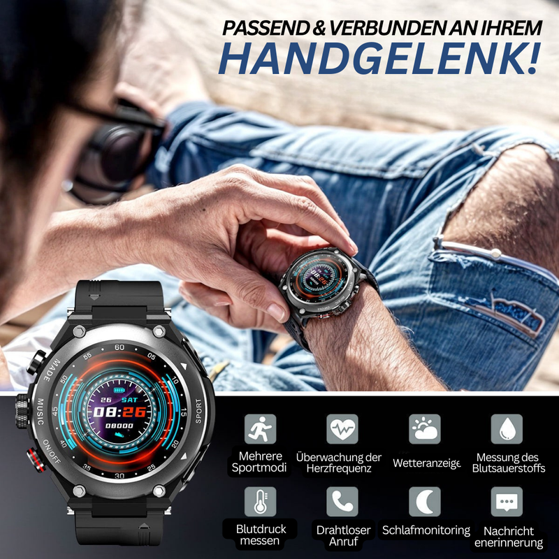 Smartwatch mit schwarzem Armband, Herzfrequenzmesser, Wetteranzeige, Bluetooth, Sportmodi.