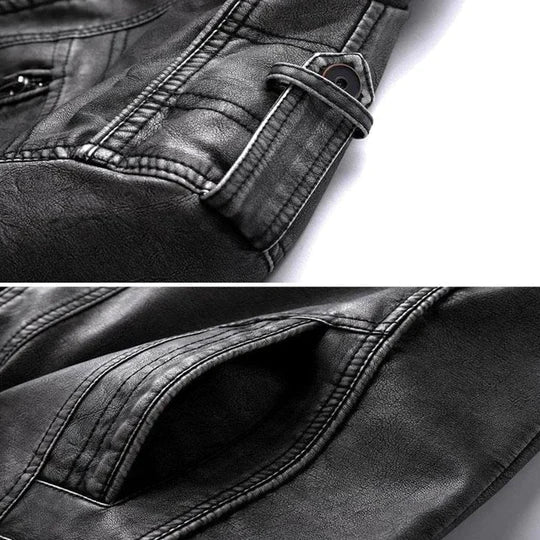 Schwarze Lederjacke Detailansicht, hochwertige Nähte, modisches Design, Reißverschluss.