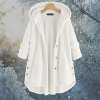 Weiße Damen-Fleecejacke mit Kapuze, Knöpfen, Wintermode, warm, gemütlich, stilvoll.